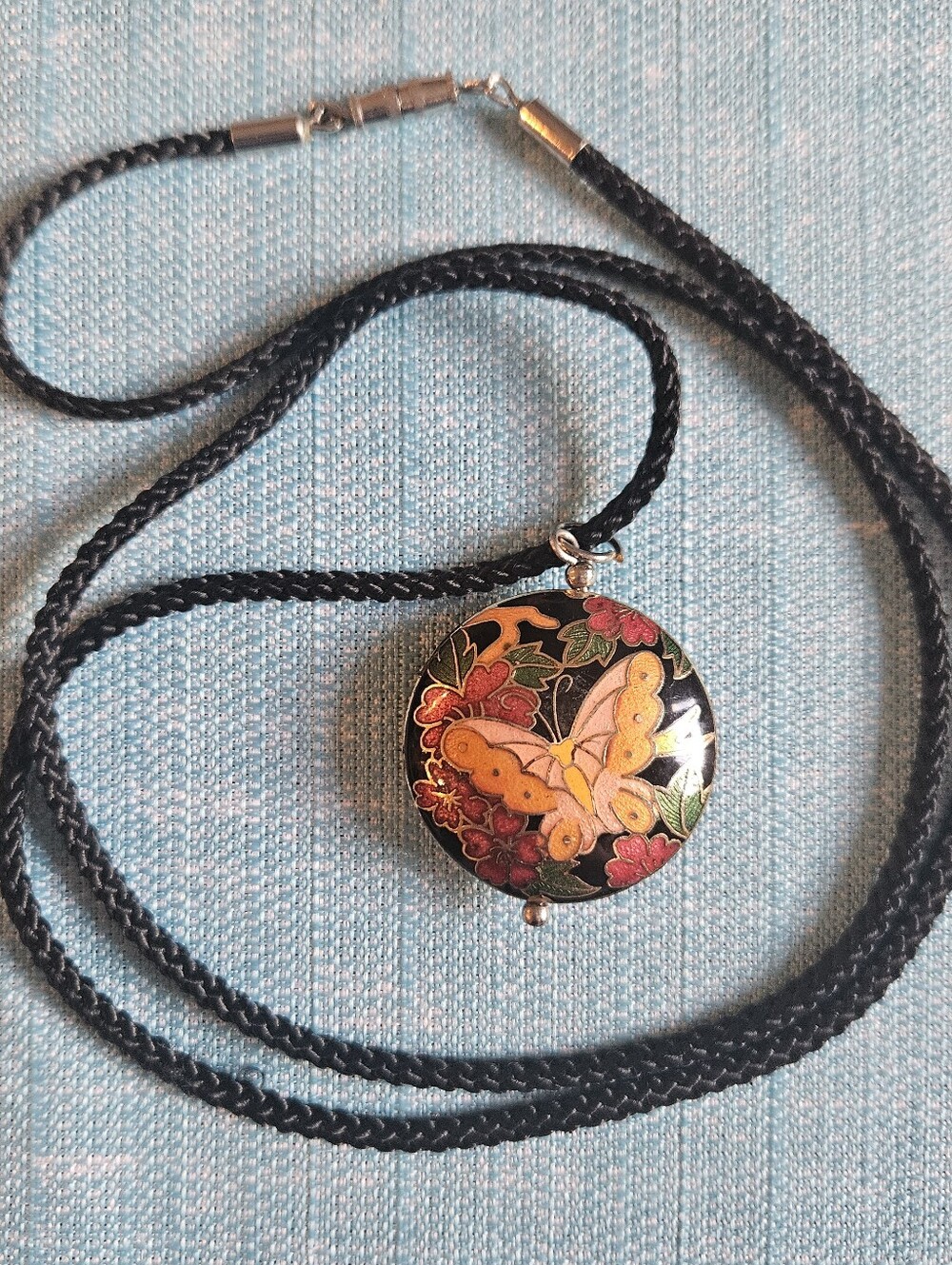 Large Reversible Puffy Cloisonné Bird & Butterfly Pendant Necklace